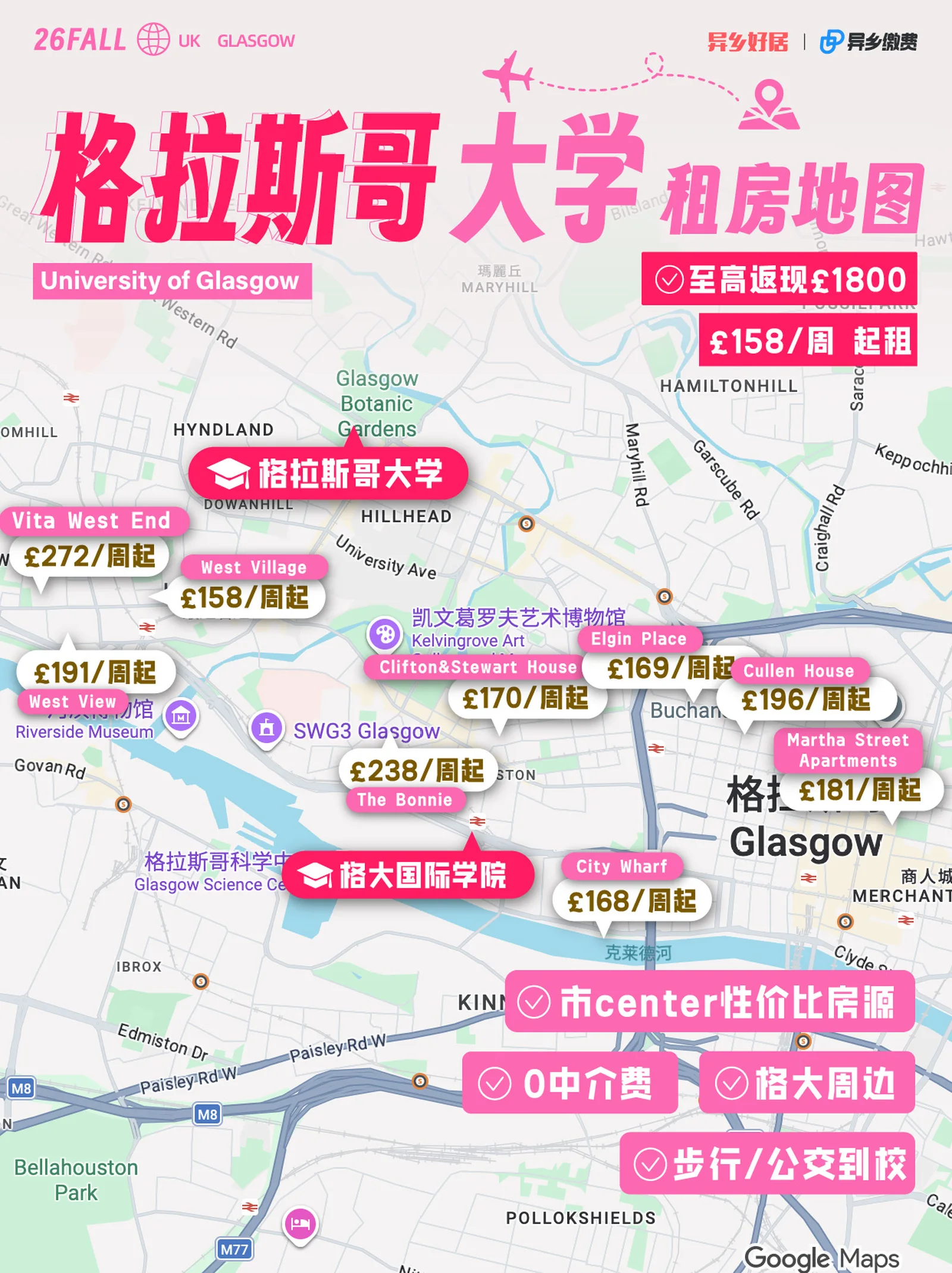 格拉斯哥🇬🇧 格大租房地图 £158/周起