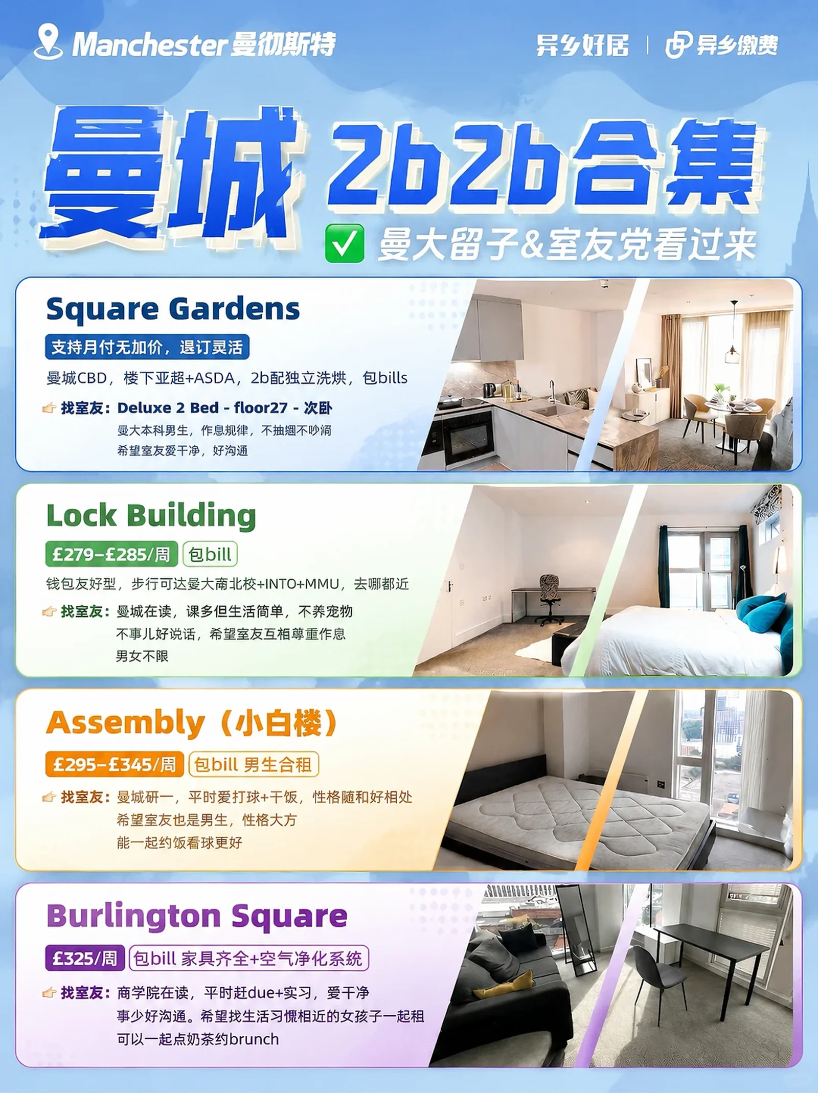 曼城租房|2b2b公寓合集,等室友可以看过来