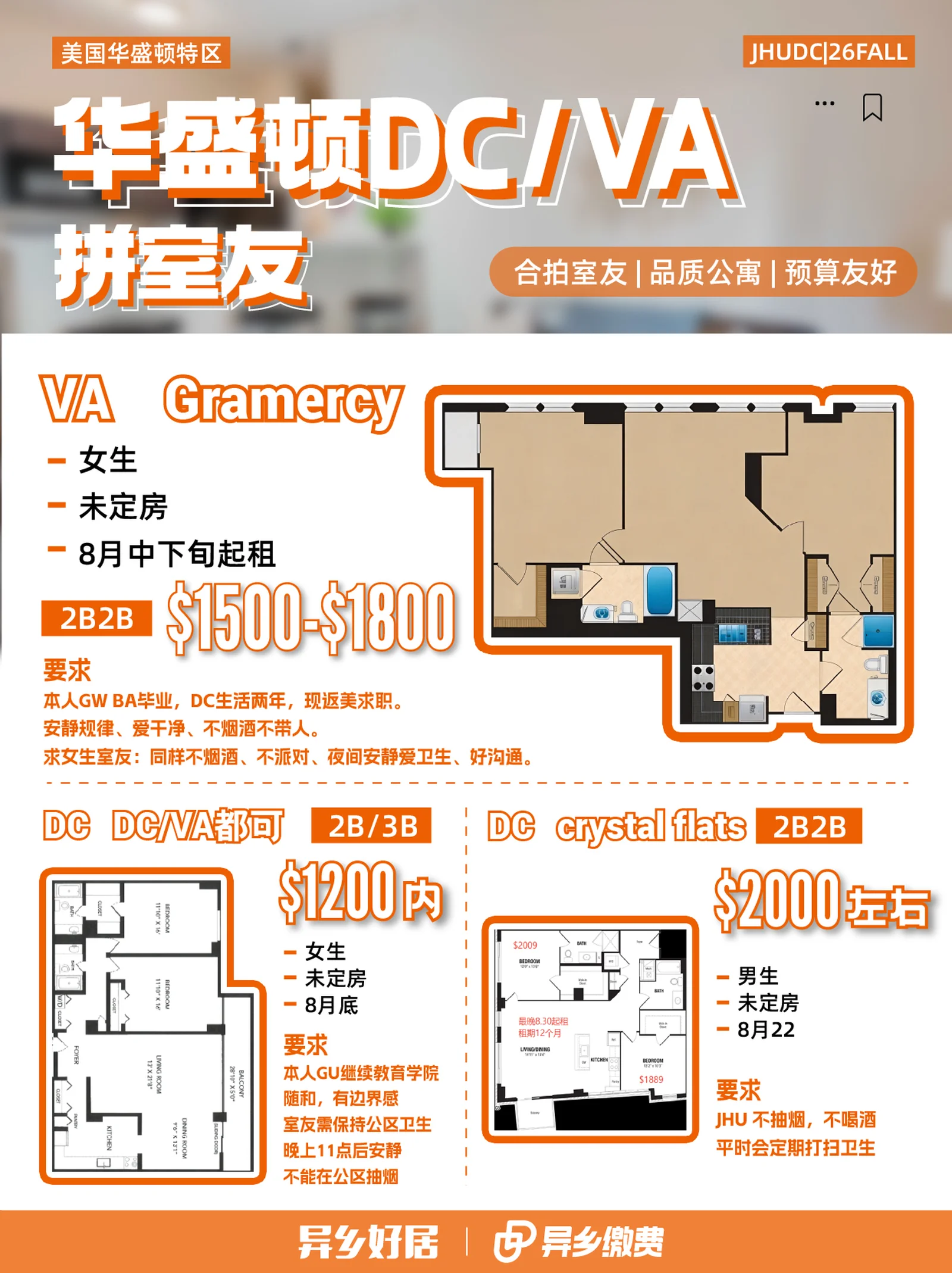 华盛顿租房VA/DC｜拼室友❗❗2B/3B独立卫浴