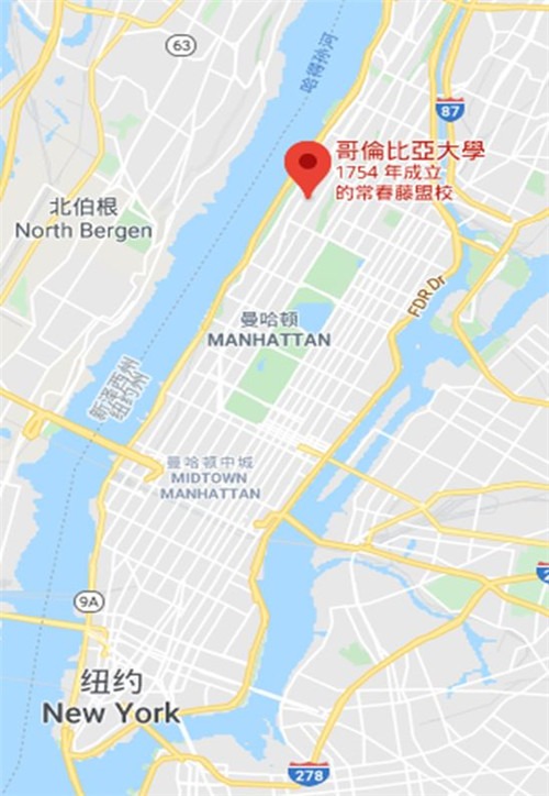 哥伦比亚大学位于曼哈顿上西区的114- 125街,校园面积广,环境优美.